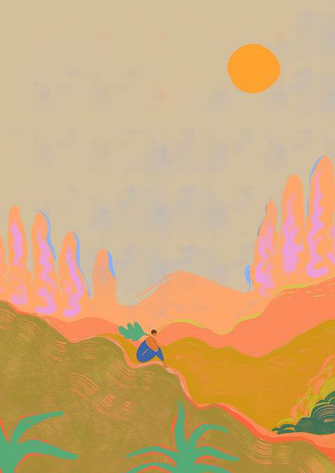 A small figure sits among colorful, rolling hills under a bright sun in a dreamy landscape.