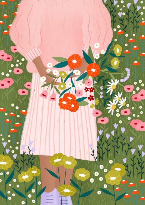 A whimsical illustration of a person in a pink dress holding a bouquet of vibrant flowers while standing in a colorful flower field.