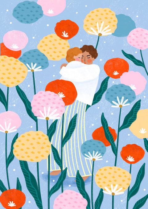 Colorful illustration of a mother hugging her child amidst tall, vibrant flowers with a blue dotted background.