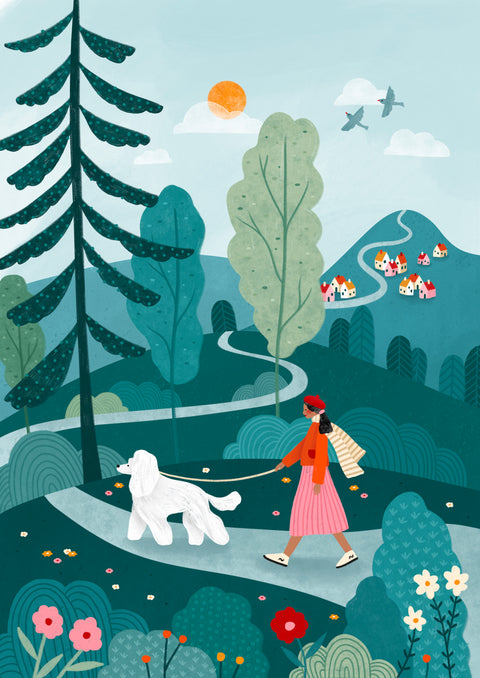 Whimsical illustration of a person in a pink skirt and red scarf walking a white poodle along a winding path through a colorful, hilly landscape.