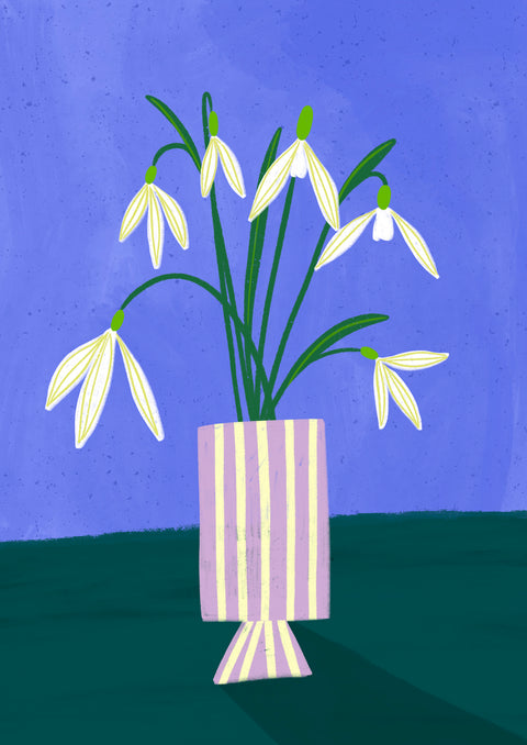 Illustration of delicate white snowdrop flowers in a striped vase against a purple background.