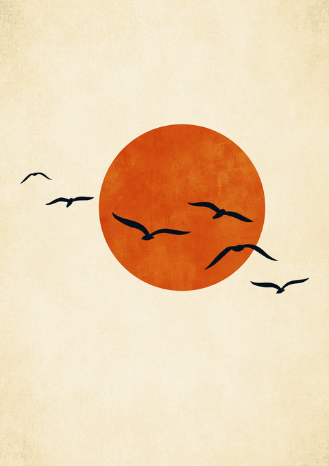 Minimalistic illustration of birds flying across an orange sun on a beige textured background.