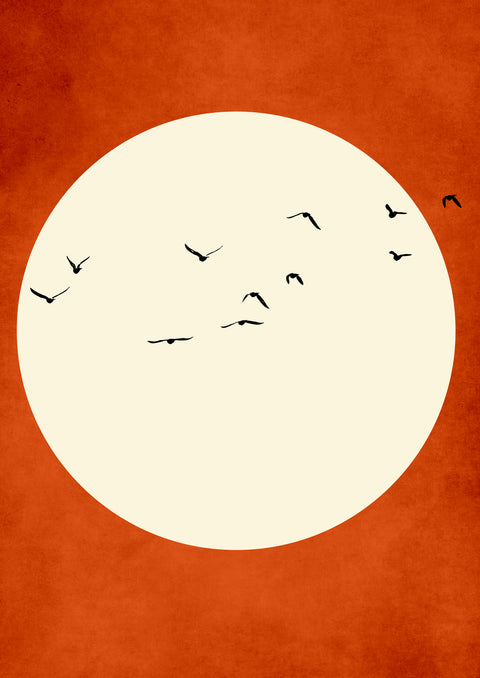 Red backdrop with a large white circle in the center, birds flying across the circle.