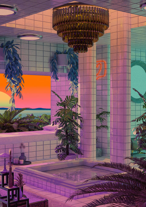 Stylized indoor pool area bathed in neon lights. Features exotic plants, tiled columns, and a chandelier. A window shows a colorful sunset over water.