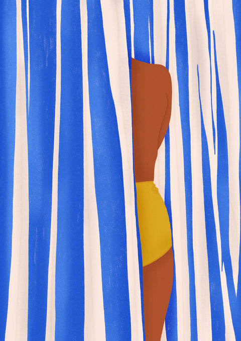 A woman in a yellow swimsuit standing behind blue and white curtains.