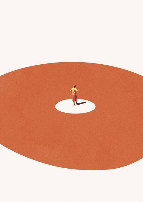 A small figure of a person stands confidently at the center of a large orange circle, casting a shadow.