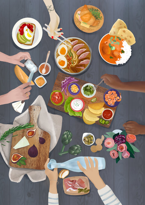 Illustration of a brunch table with various international foods, including Ramen bowl, taco, fruits, and drinks. Hands serving and preparing food.