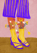 Illustration of legs wearing yellow striped socks and purple sandals, with flowers growing from the socks on a pink background.