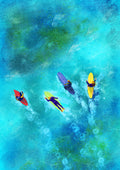 Abstract view of three surfers on colorful surfboards in a vibrant ocean painted in blues and turquoises.