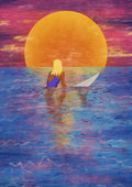 A woman with blonde hair standing in the ocean at sunset, holding a surfboard.